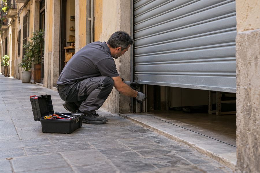 Técnico revisando la persiana metálica de un local a pie de calle en el Raval