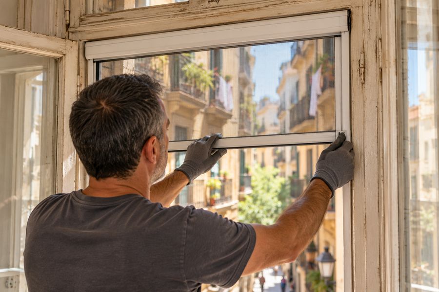 Mosquitera enrollable con su cajón compacto en una ventana de madera antigua