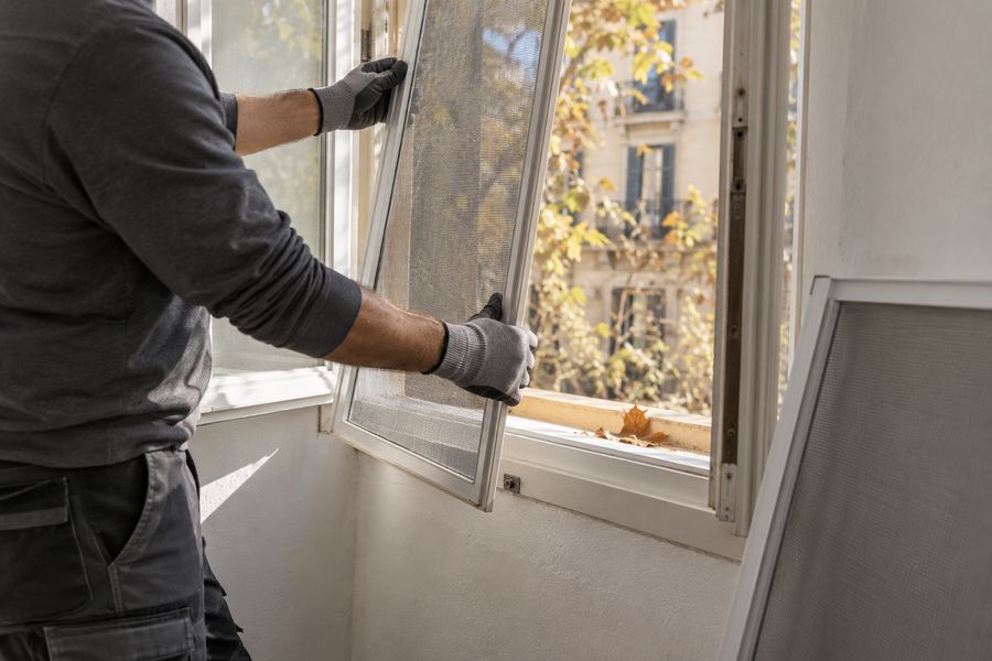 Mosquitera fija sacada a mano del marco para guardarla hasta la primavera