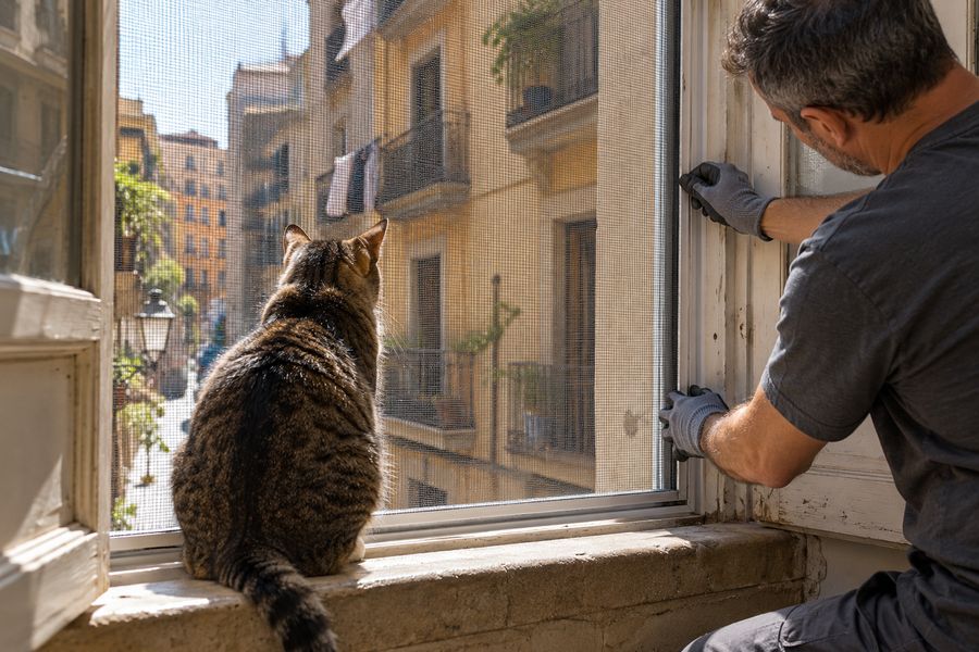 Malla reforzada antiarañazos en la mosquitera de una ventana con un gato en el alféizar