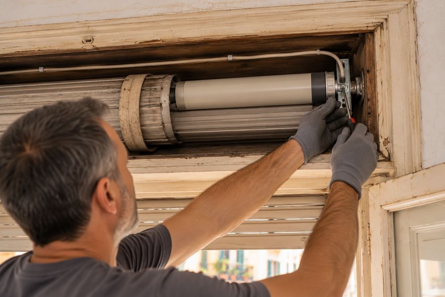 Motor tubular montado dentro del cajón de una persiana existente, sin obra