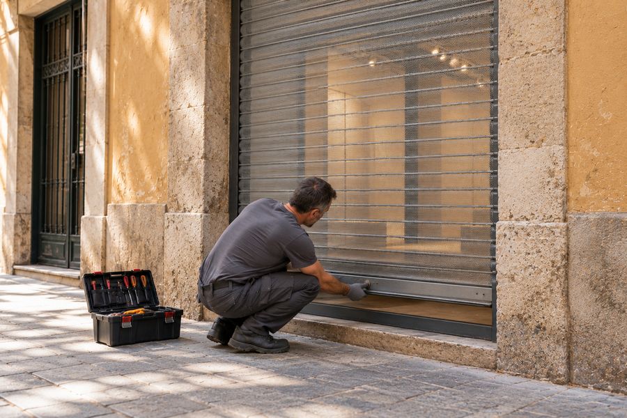 Persiana microperforada bajada en el escaparate de un comercio de barrio