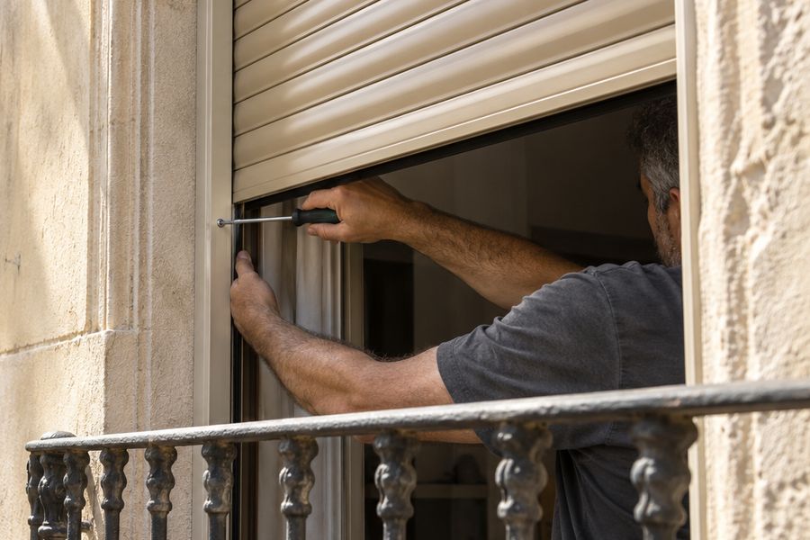 Persiana de aluminio nueva, recién colocada en una balconera de Barcelona